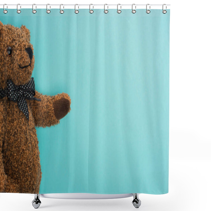 Personality  Top View Of Brown Teddy Bear With Bow On Blue Background Shower Curtains