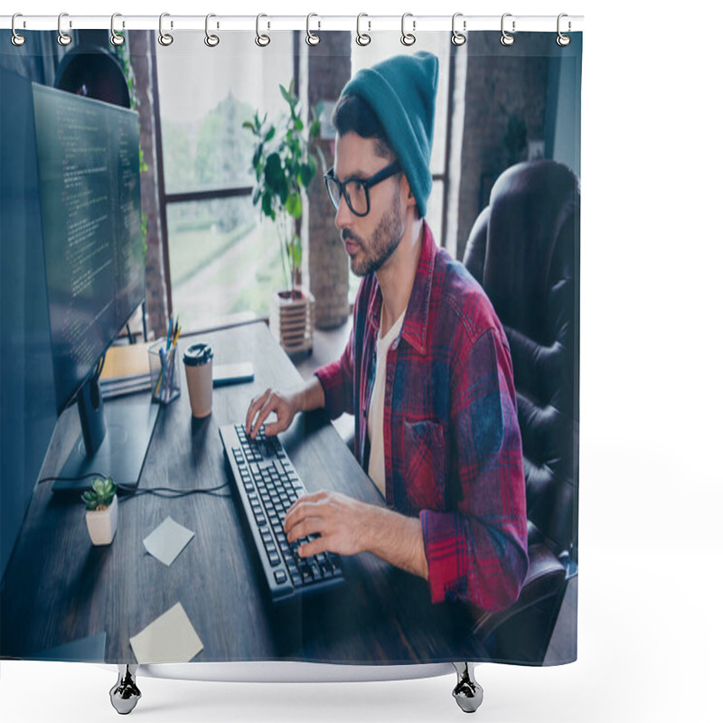 Personality  Photo Of Intelligent Serious Guy Dressed Eyewear Typing Code Modern Device Keyboard Indoors Workstation Workshop Home. Shower Curtains