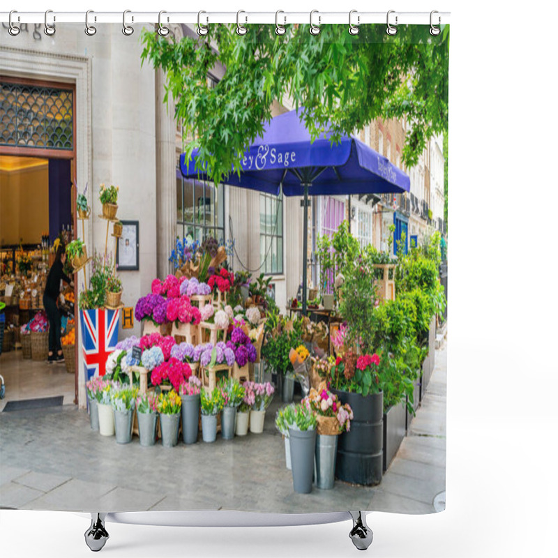 Personality  LONDON, UK - JUNE 03, 2022: Bayley And Sage Shop First Opened In Belgravia In February 2021 And Offers Excellent Choice Of Quality Fresh Produce, Organic Wine And Impressive Selection Of Cheeses Shower Curtains