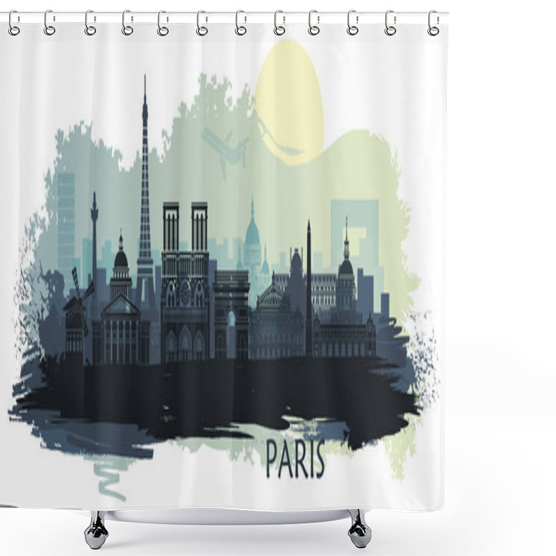 Personality  Stylized Landscape Of Paris With Eiffel Tower, Arc De Triomphe And Notre Dame Cathedral With Spots And Splashes Of Paint Shower Curtains