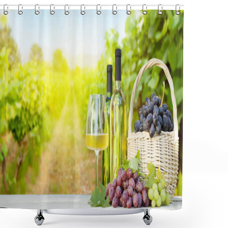 Personality  Colorful Grapes In Basket, White Wine Bottles And Glass In Front Of Landscape Of Vineyard. French Countryside Valley Shower Curtains