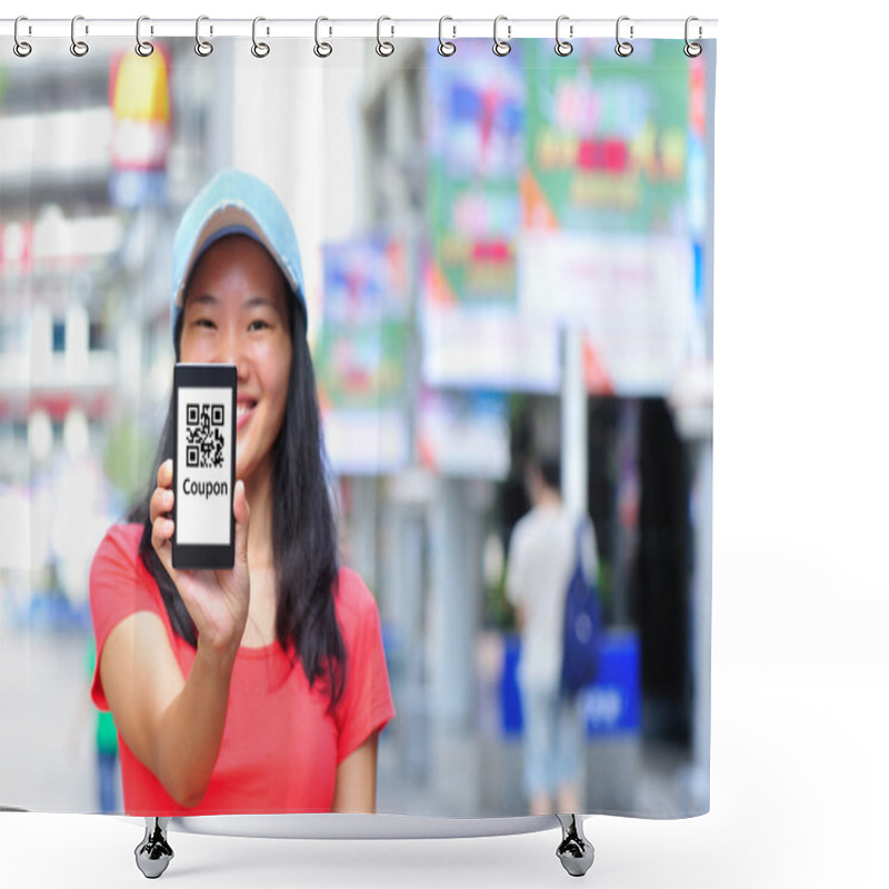 Personality  Young Asian Woman Hold Smart Phone Shower Curtains