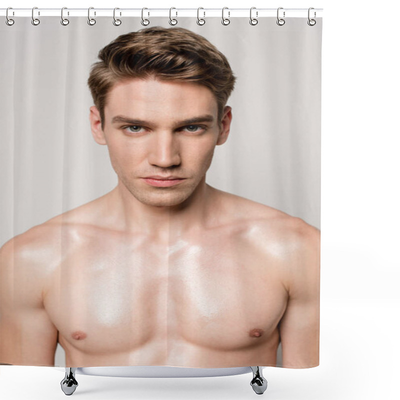 Personality  Sexy Man With Muscular Torso Looking At Camera Isolated On Grey Shower Curtains