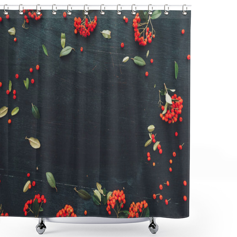 Personality  Flat Lay Wild Red Berries On Dark Background, Top View Overhead Summer Season Copy Space Backdrop With Fruit Pattern Arrangement Shower Curtains