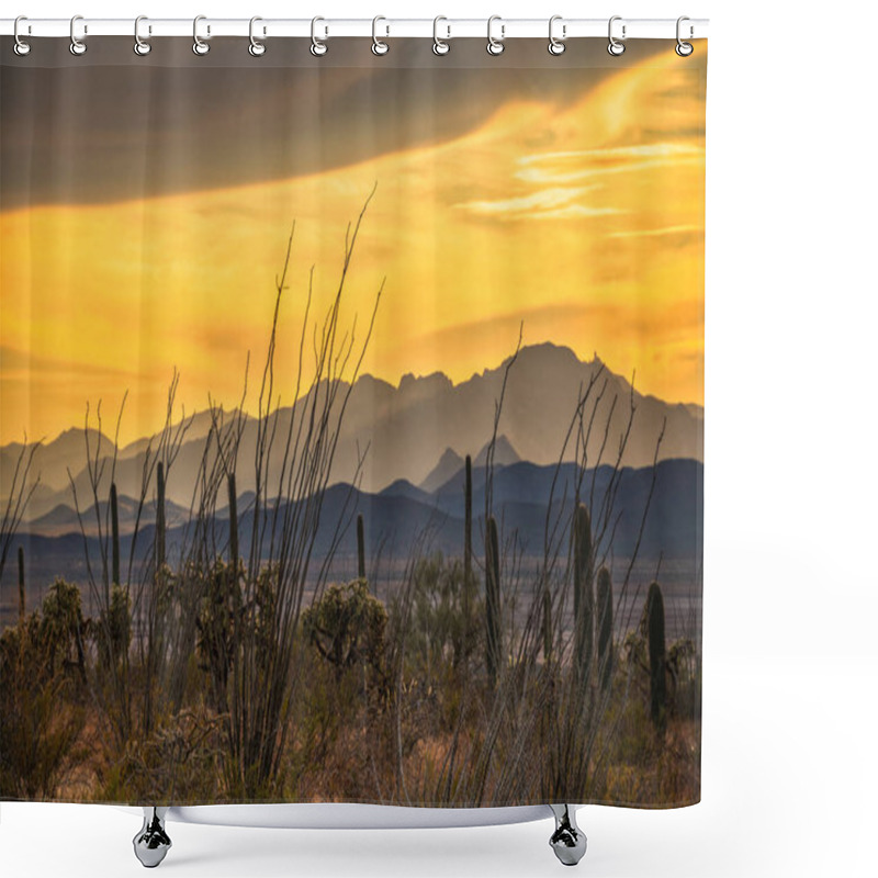 Personality  Tucson Mountains And Saguaro Cacti Dramatic And Vibrant Sunset. Arizona Desert Southwest Travel Background. Shower Curtains