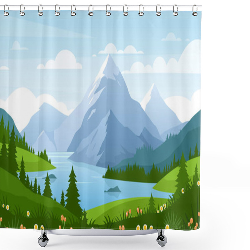 Personality  Cartoon Flat Panorama Of Spring Summer Beautiful Nature, Green Grasslands Meadow With Flowers, Forest, Scenic Blue Lake, Mountains On Horizon Background, Mountain Lake Landscape Vector Illustration. Shower Curtains