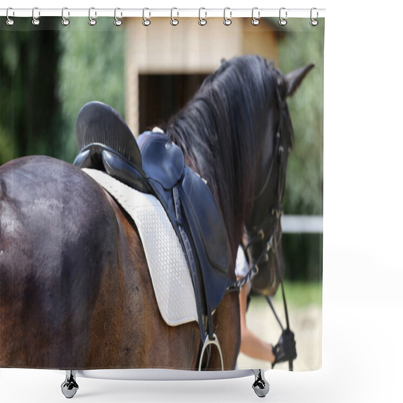 Personality  Closeup Of A Leather Saddle For Equestrian Sport On Horseback Shower Curtains