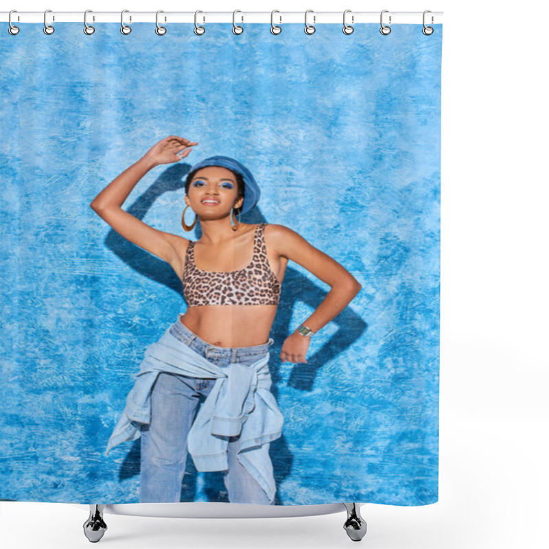 Personality  Cheerful African American Model With Bold Makeup And Golden Earrings Posing In Beret, Top With Animal Print And Jeans On Blue Textured Background, Stylish Denim Attire Shower Curtains