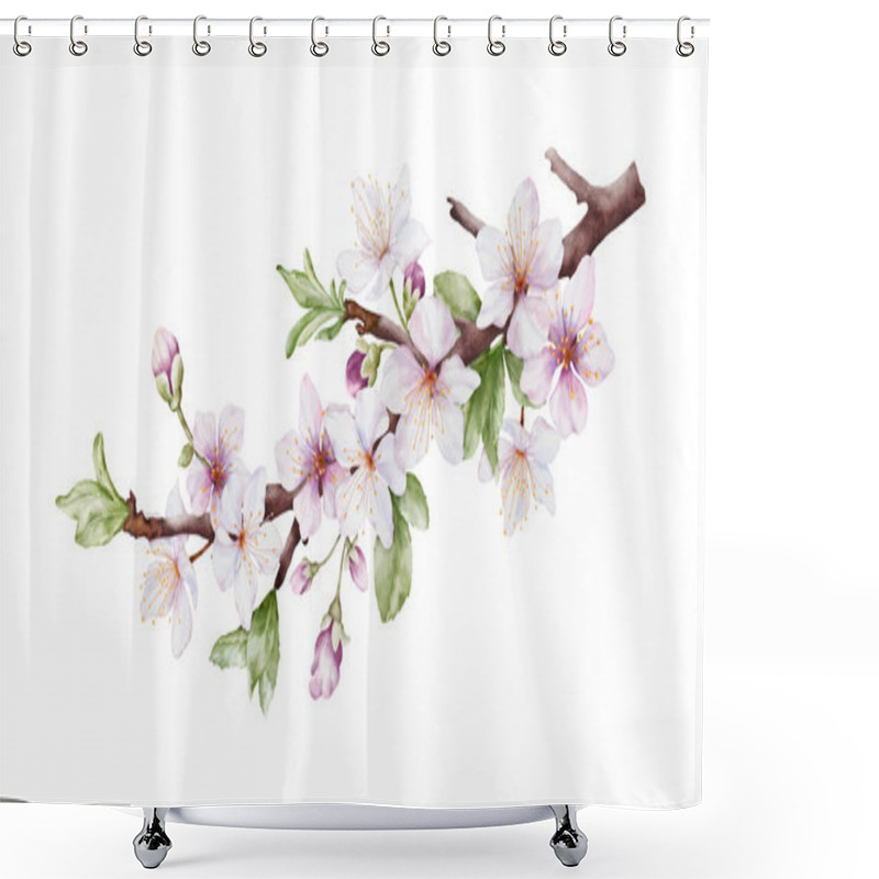 Personality  Watercolor Cherry Blossoms Bloom On The Branches. Cherry Blossom And Green Leaves Branch Bouquet Vector Isolated On White Background. Suitable For Decorative Invitations, Posters, Or Cards. Shower Curtains