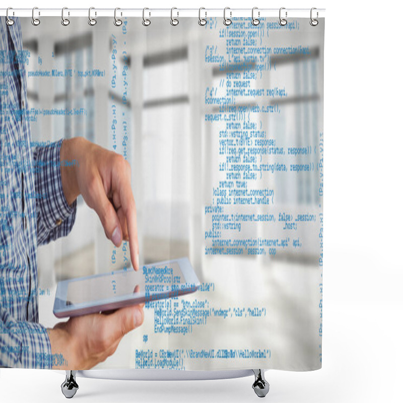 Personality  Geeky Businessman Using His Tablet Pc Shower Curtains