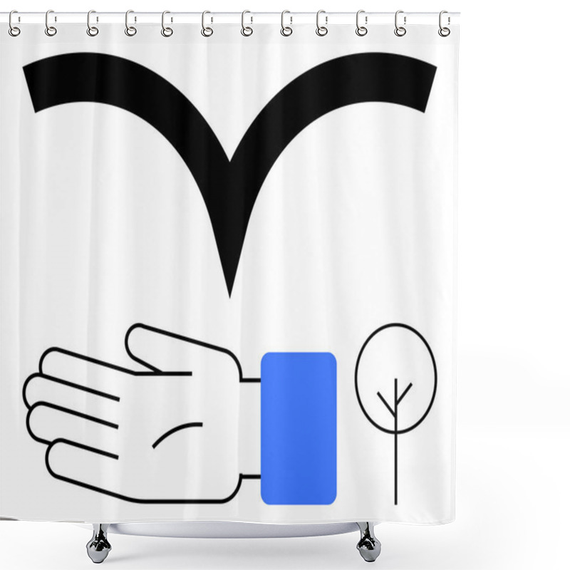 Personality  Hand With Blue Sleeve, Black Bird Shape Above, Minimalistic Tree. Ideal For Environmental Awareness, Conservation, Sustainability, Support, Growth Care Nature Themes. Line Metaphor Shower Curtains