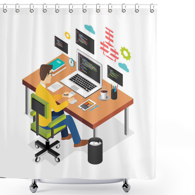 Personality  Professional Programmer Working Writing Code On Laptop Computer At Desk. Programmer Developer Workplace. Flat 3d Isometric Technology Concept. Shower Curtains