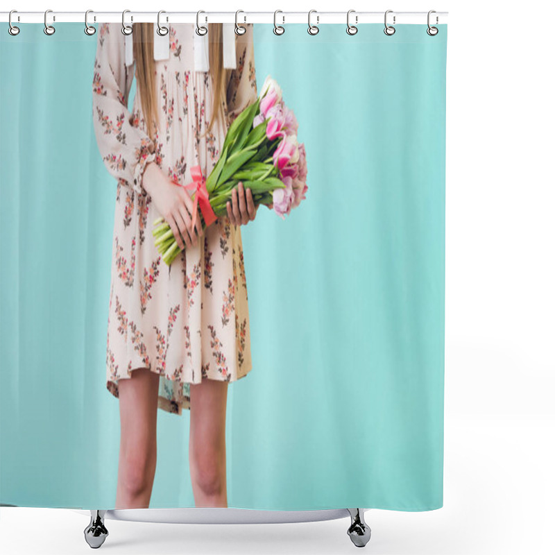 Personality  Cropped View Of Girl In Summer Dress Holding Bouquet Of Flowers, Isolated On Blue Shower Curtains