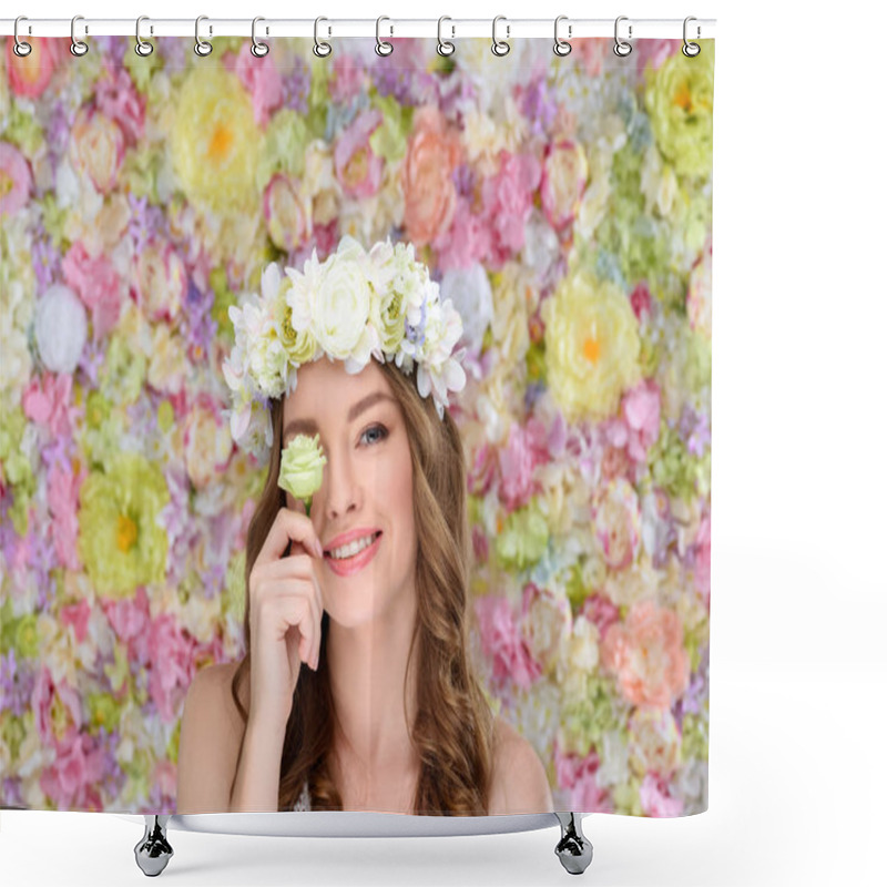 Personality  Happy Young Woman In Floral Wreath Covering One Eye With Blossoming Rose Bud Shower Curtains