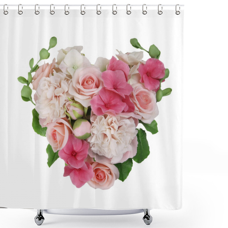 Personality  Heart From Flowers Of Roses, Peonies And Hydrangeas Isolated On White Shower Curtains