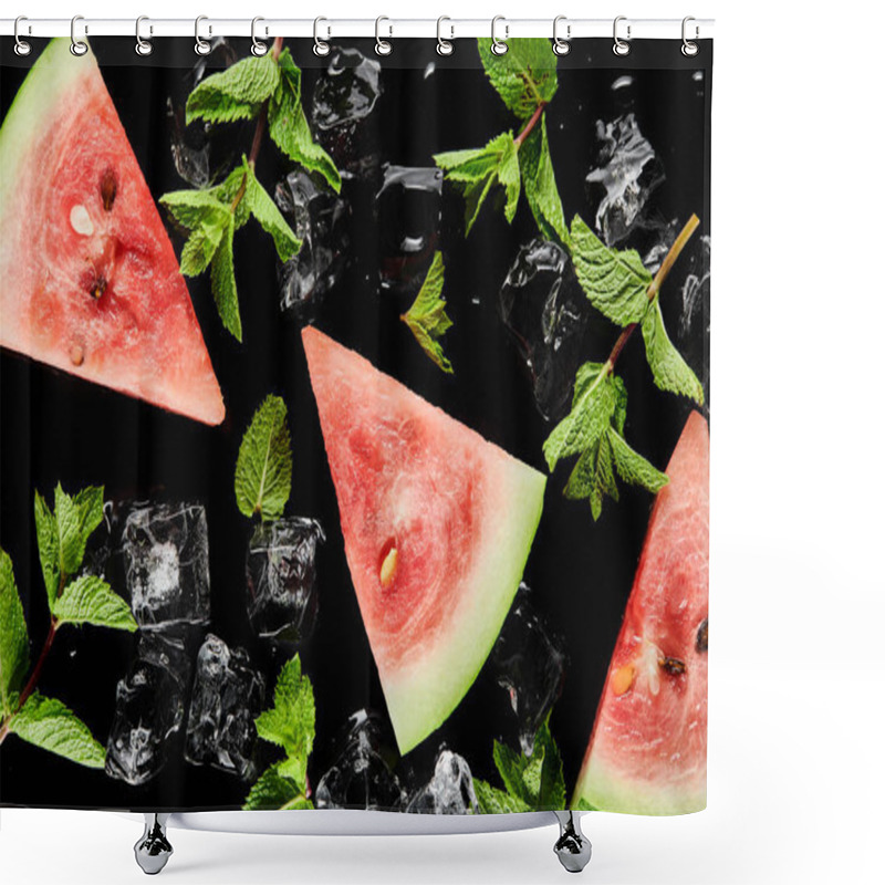 Personality  Top View Of Red Delicious Watermelon Slices With Mint And Ice Isolated On Black Shower Curtains