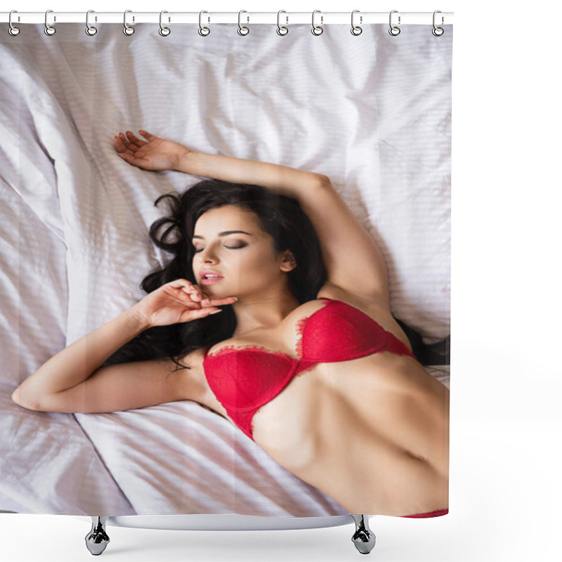 Personality  Sexy Girl In Red Underwear Relaxing While Lying In Bed With Closed Eyes Shower Curtains