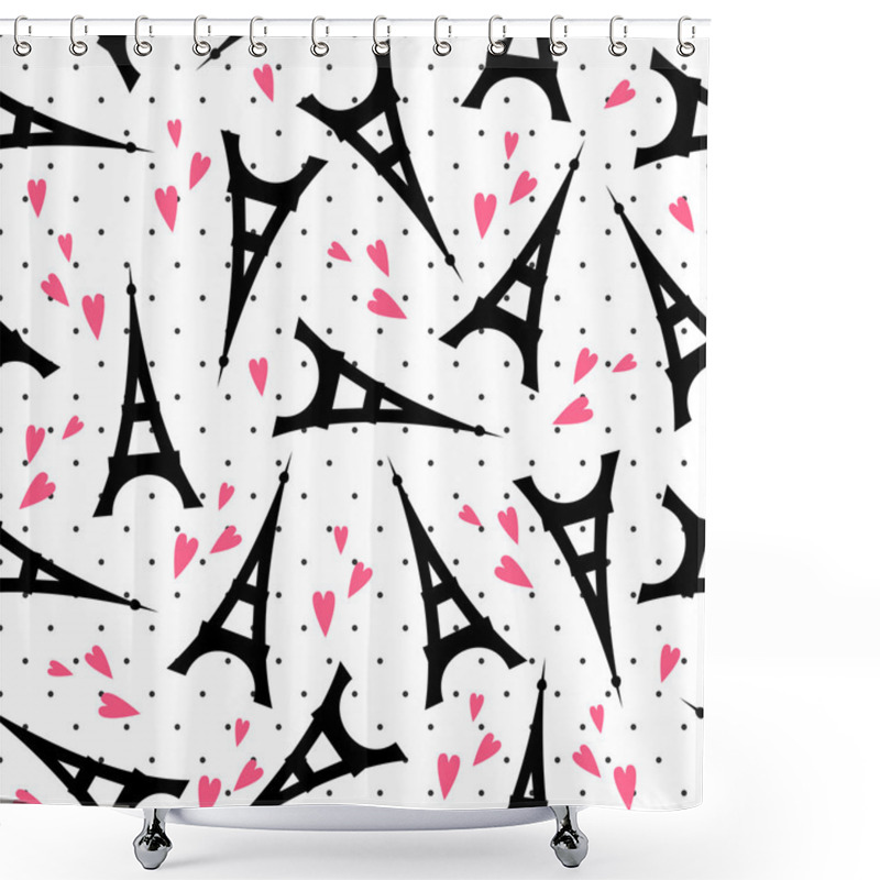 Personality  Cute Cartoon Tour Eiffel With Pink Hearts Vector Illustration Shower Curtains