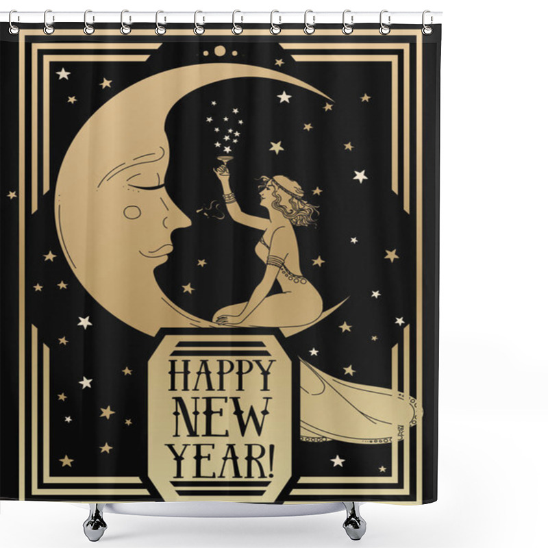 Personality  Card For Happy New Year In Art Deco Style Witn Crescent  And Retro Woman  Drinking Champagne, Vector Illustration Shower Curtains