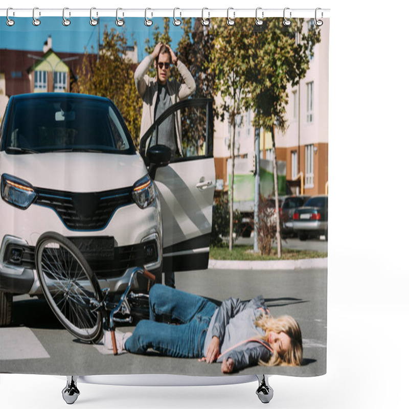 Personality  Young Woman Mowed Down By Driver In Car On Road, Car Accident Concept Shower Curtains