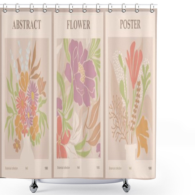 Personality  Set Of Abstract Flower Posters. Trendy Botanical Wall Arts With Floral Design In Danish Pastel Colors. Modern Naive Groovy Funky Interior Decorations, Paintings. Vector Art Illustration. Shower Curtains