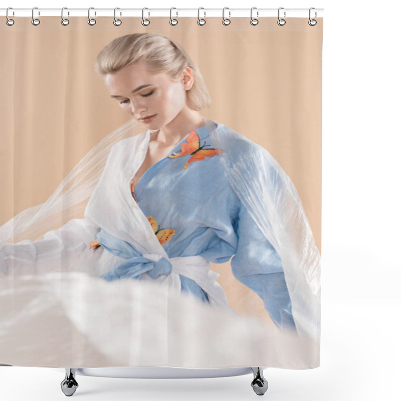 Personality  Woman Holding Polyethylene While Standing In Eco Clothing With Butterflies Isolated On Beige, Environmental Saving Concept  Shower Curtains