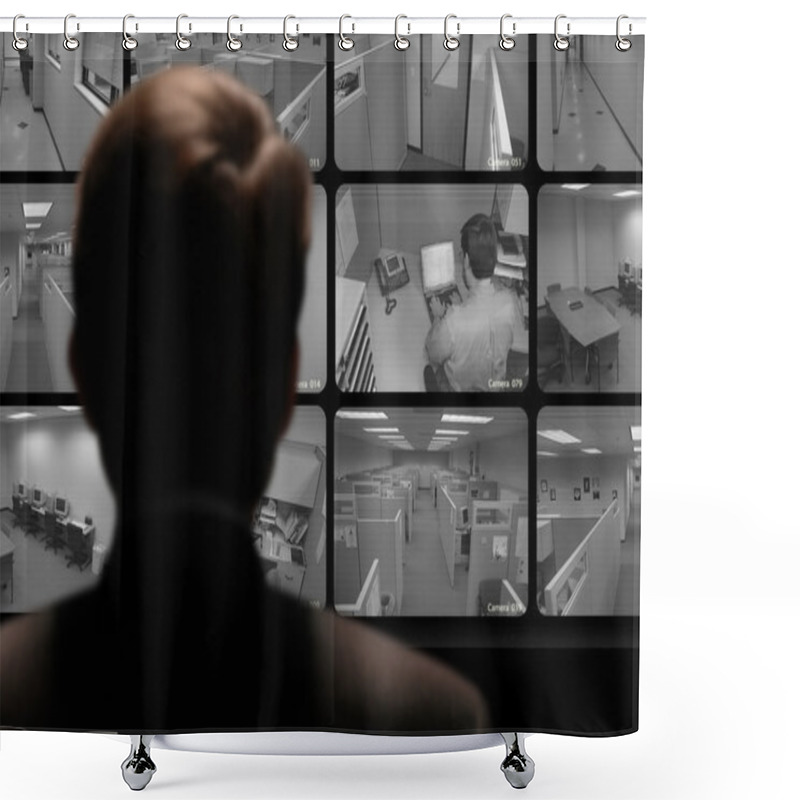 Personality  Man Watching An Employee Work Via A Closed-circuit Video Monitor Shower Curtains