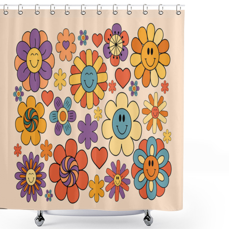 Personality  Groovy Flowers, Retro Flowers With Smiling Face, Hippie Floral Clipart, Vector Illustration Shower Curtains