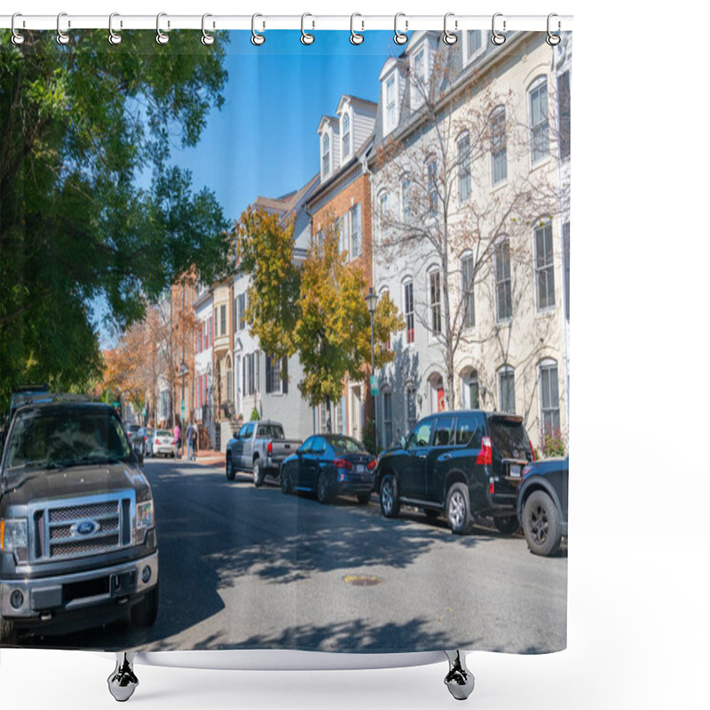 Personality  Rows Of Brick Townhouses Along The Road. Shower Curtains