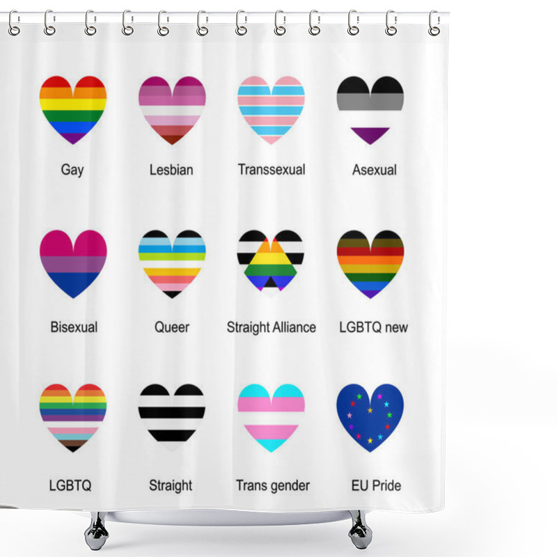 Personality  Heart Badge Flag Gay Vector Illustration. LGBT Pride Symbol, Lesbian Sign, Trans Sexual Culture, Homosexual, Asexual, Bisexual, Queer, Straight, Trans Gender. Human Rights And Freedom. LGBTQ Culture. Shower Curtains