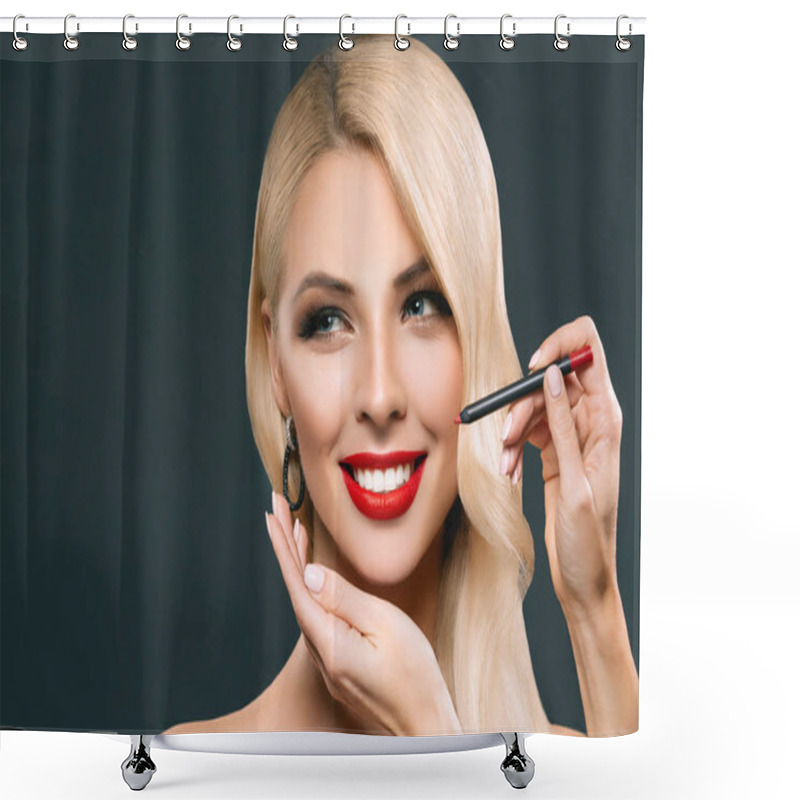 Personality  Beautiful Smiling Woman Making Red Lips With Cosmetic Pencil, Isolated On Grey Shower Curtains