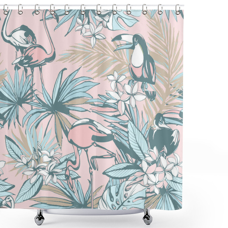 Personality  Hand Drawn Tropical Seamless Pattern Ink Palm Leaves Toucan Flamingo. Shower Curtains