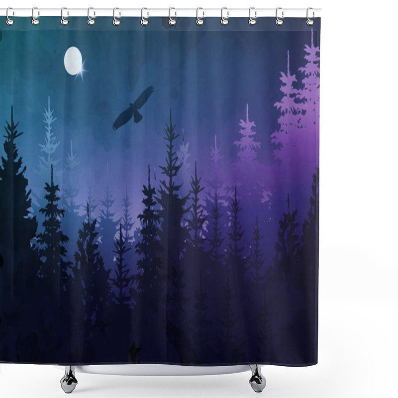 Personality  Winter Forest With Bald Eagle In Flight, Blue Background, Vector Mountain Landscape. Christmas Tree Firs With Full Moon And Dark Blue Night Sky.  Watercolor Painting Style. Vector Illustration  Shower Curtains