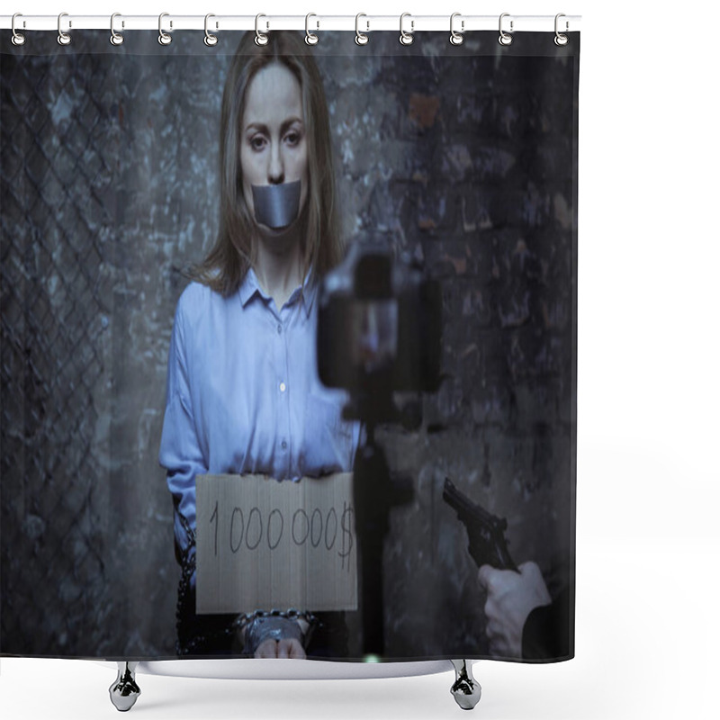 Personality  Lady Sitting In Front Of Camera Shower Curtains