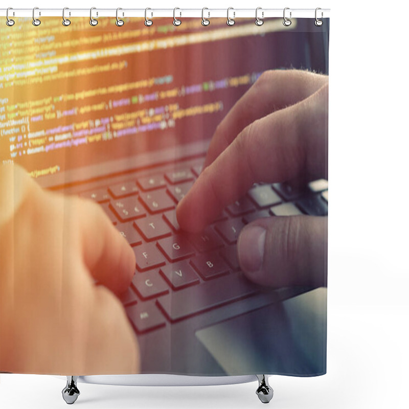 Personality  Closeup Programmer Coding On Screen. Hands Coding Html And Programming On Laptop Screen, Web Development, Developer Shower Curtains