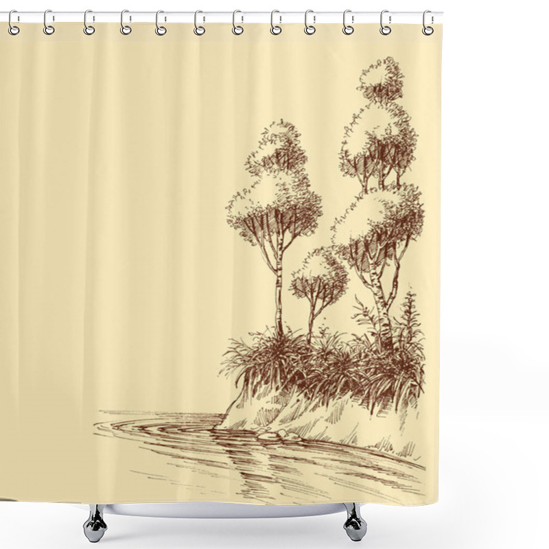 Personality  Lake Or River Shore Artistic Sketch. Natural Landscape Backgroun Shower Curtains