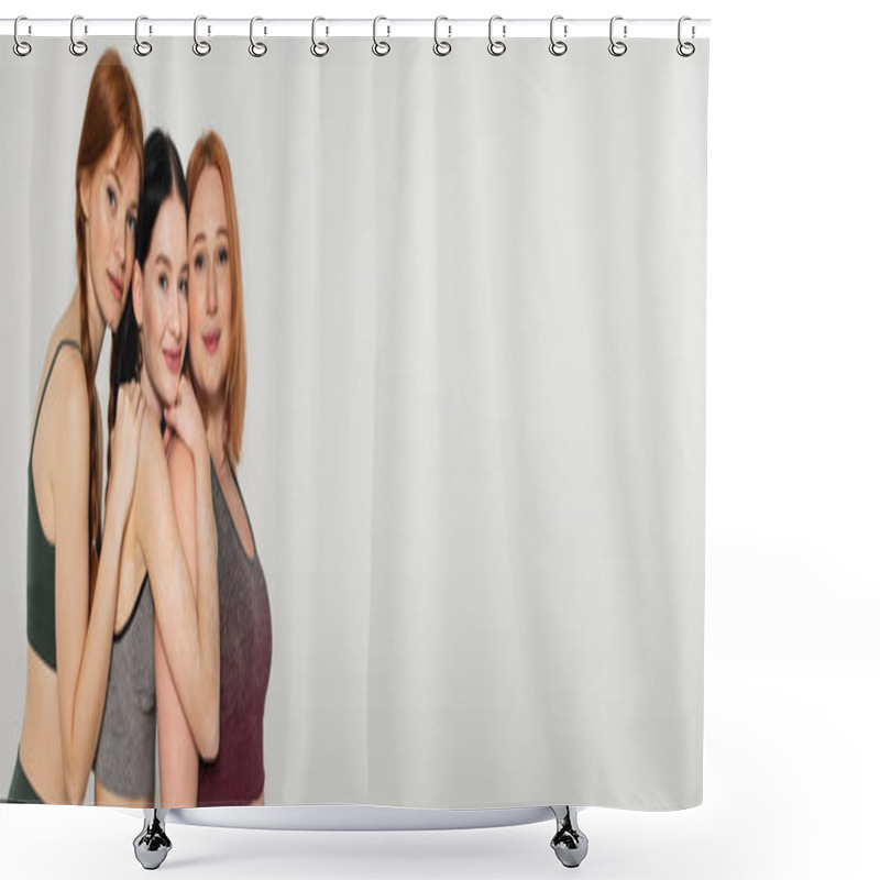 Personality  Body Positive Sportswomen Hugging And Smiling Isolated On Grey, Banner  Shower Curtains