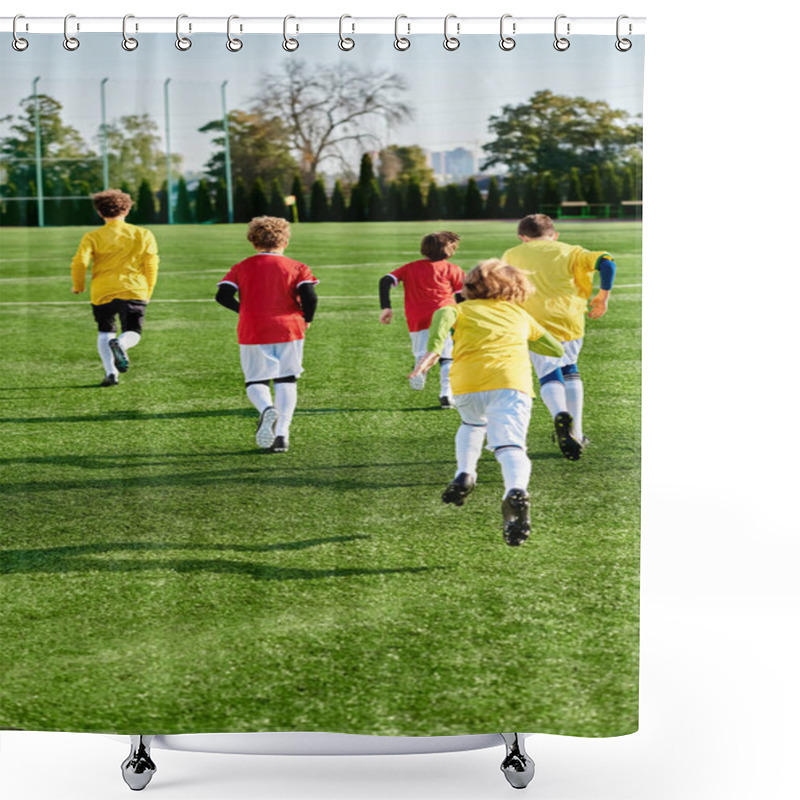 Personality  A Lively Group Of Young Children Enthusiastically Playing A Game Of Soccer On A Green Field, Kicking The Ball, Running, Cheering, And Displaying Teamwork And Sportsmanship. Shower Curtains