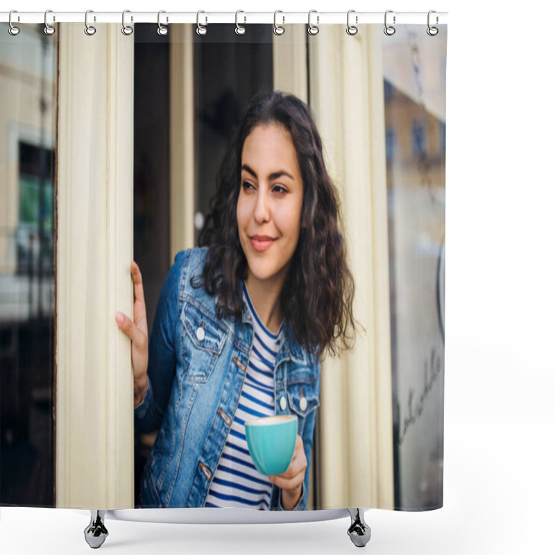 Personality  A Beautiful Young Woman With Tablet And Coffee Standing At The Front Door In Cafe. Shower Curtains