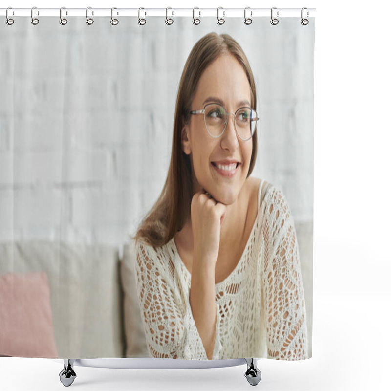 Personality  A Young Woman Sits On A Couch At Home, Wearing Glasses And Smiling Softly. Shower Curtains