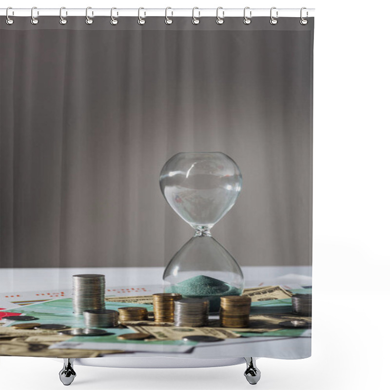 Personality  Hourglass And Coins Stacks On Different Banknotes With Grey Background Shower Curtains