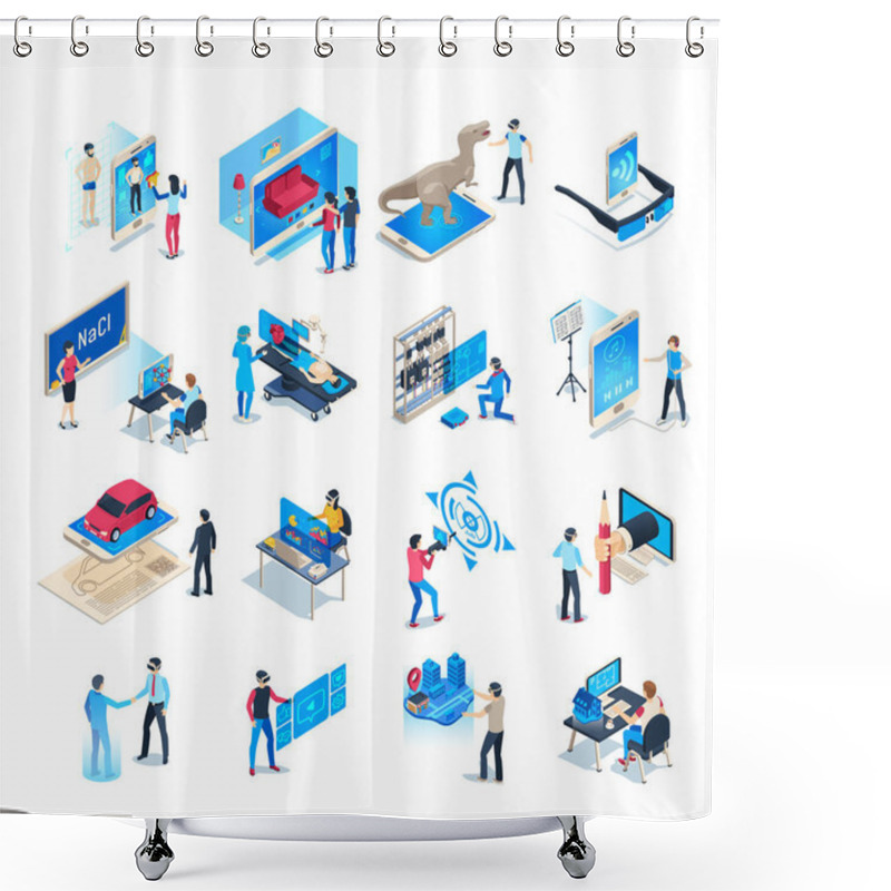 Personality  Isometric Virtual Reality Simulations Icons. Computer Simulation Helmet, Augmented Reality Game Vector Illustration Set Shower Curtains