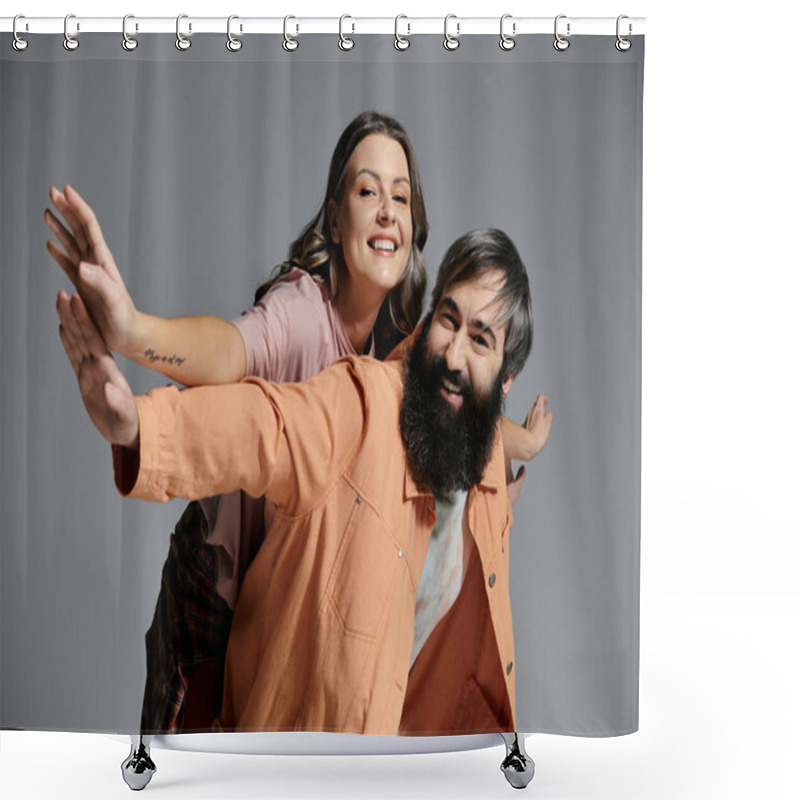 Personality  A Loving Couple, Dressed In Sophisticated Clothes, Playfully Pose Together Against A Gray Backdrop. Shower Curtains