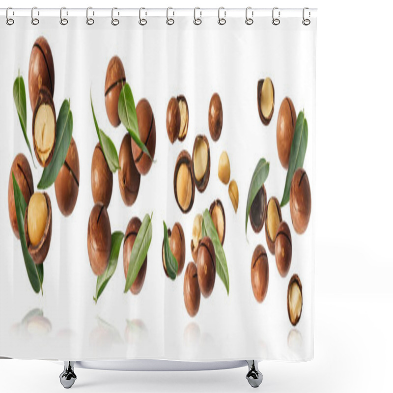 Personality  A Set With Fresh Tasty Macadamia Nuts Falling In The Air Isolated On White Background. Food Levitation Concept. High Resolution Image. Shower Curtains