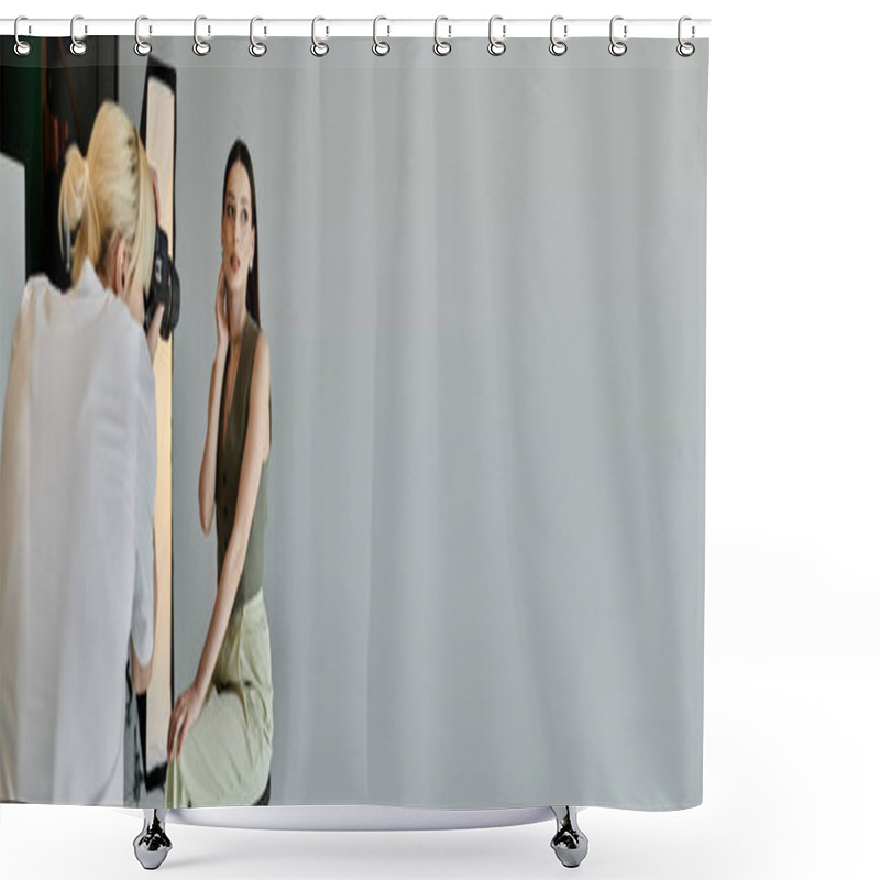 Personality  Good Looking Man Taking Photos Of Young Woman On Camera. Shower Curtains