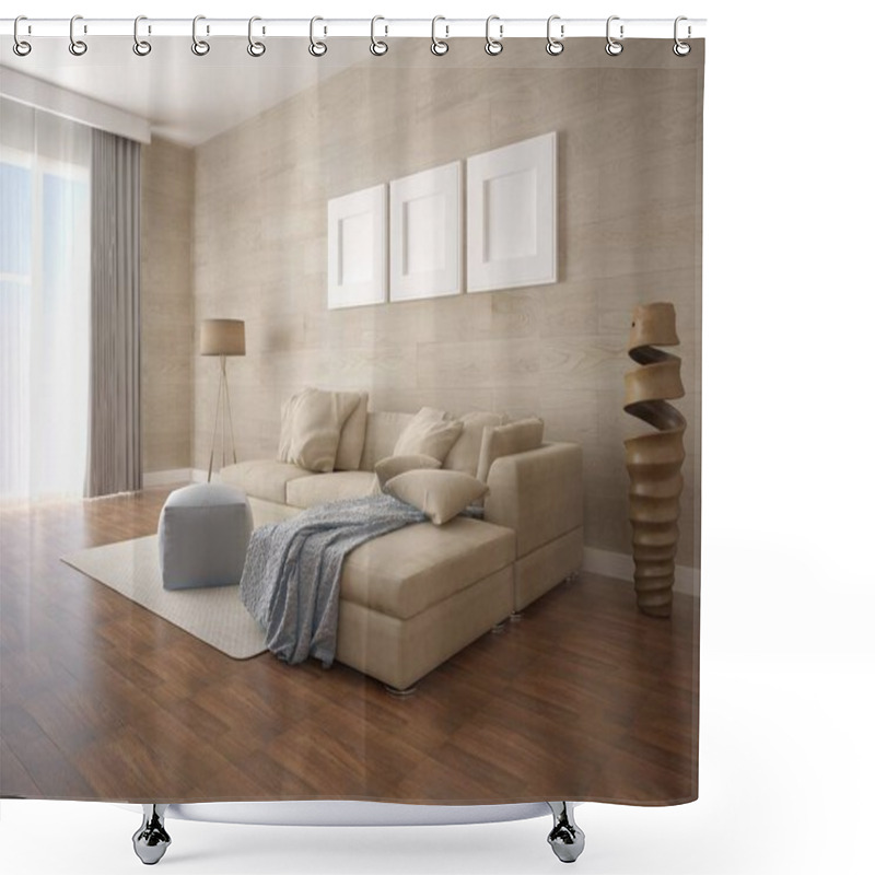 Personality  Mock Up A Spacious Living Room With A Large Corner Sofa And An Original Hipster Background. Shower Curtains