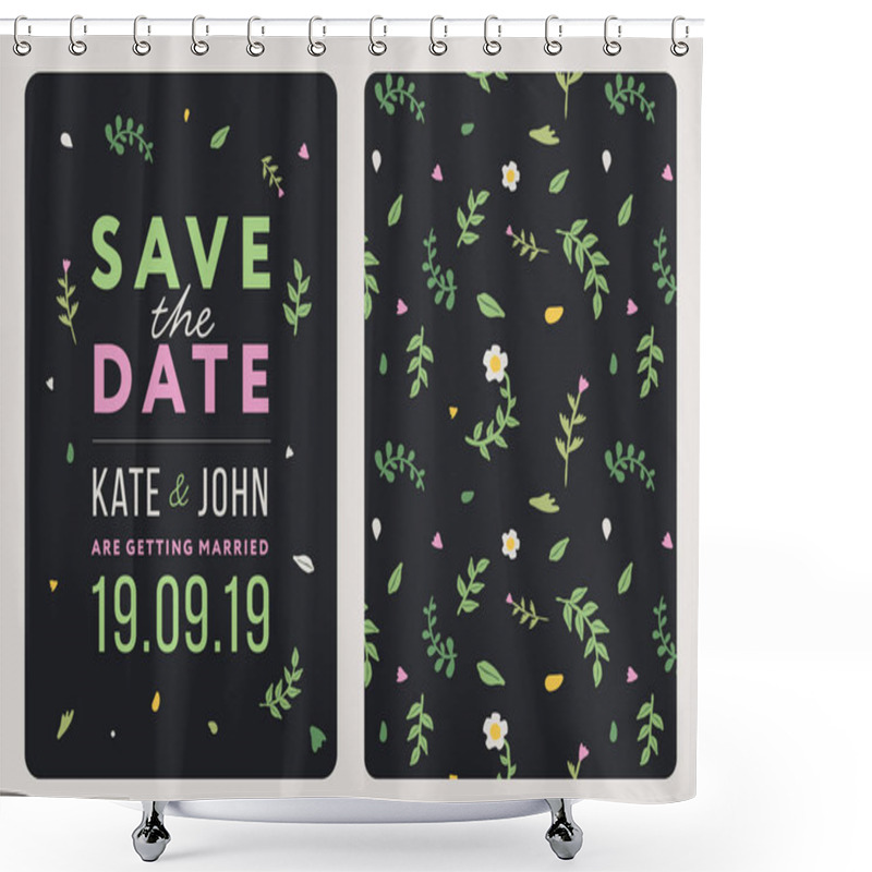 Personality  Save The Date. Wedding Invitation Card Template With Flower Floral Botany Dark Background. Flat Vector Illustration. Shower Curtains