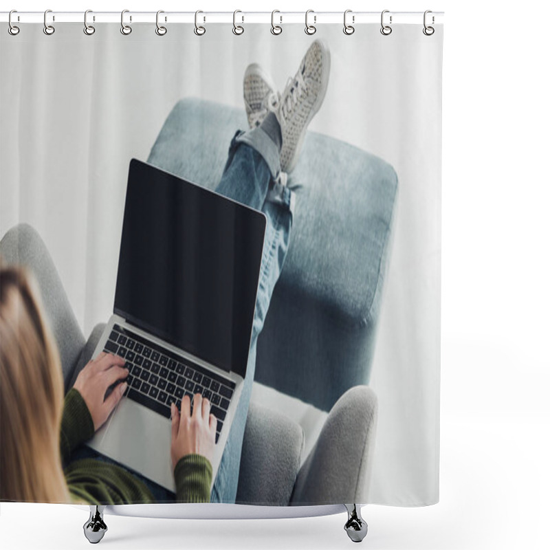 Personality  Cropped View Of Woman Using Laptop With Blank Screen At Home Shower Curtains