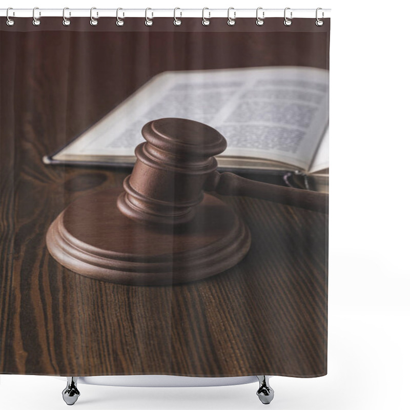 Personality  Opened Juridical Book With Hammer On Wooden Table, Law Concept Shower Curtains