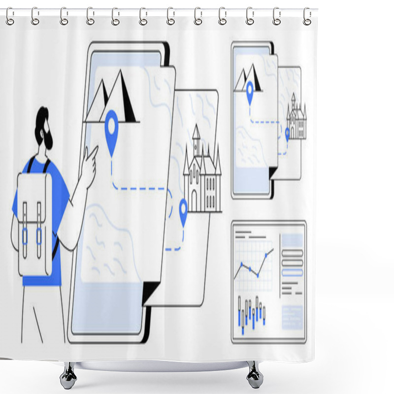 Personality  Man With Backpack Interacting With Digital Map, Showcasing Routes Between Mountains And Castles. Ideal For Travel Apps, Navigation Tools, Trip Planning, Tourism Promotion, Historical Exploration Shower Curtains